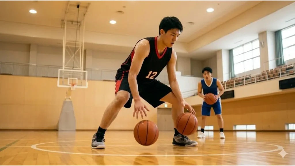 重心の高さを克服するために、低い姿勢でハンドリングスキルを磨く長身バスケ選手のトレーニング風景