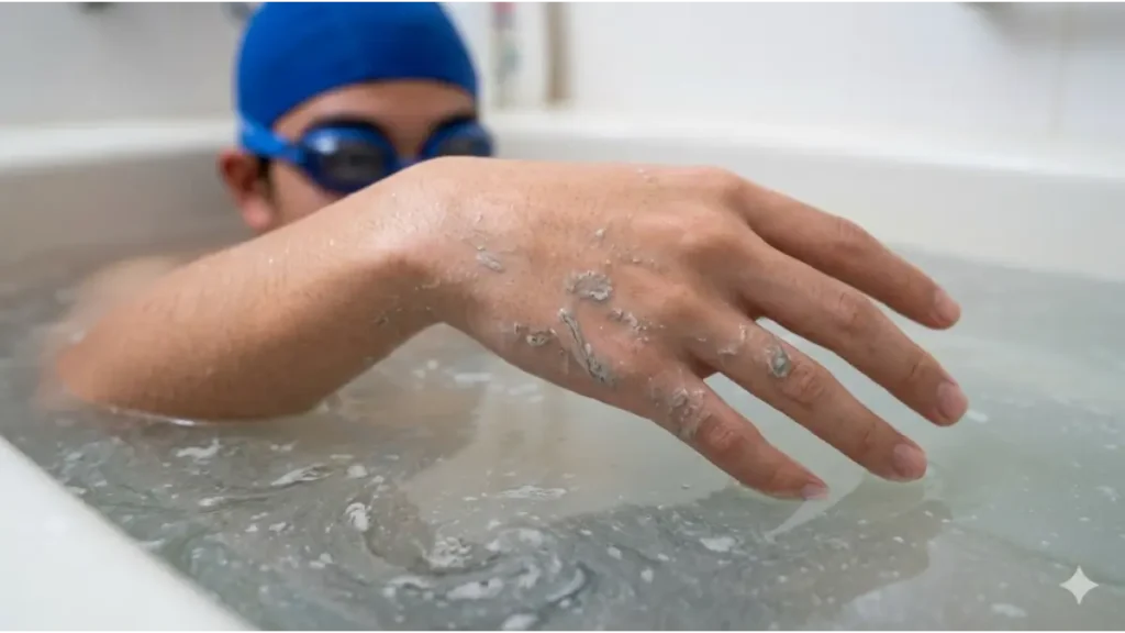 硫黄系入浴剤によって白く濁ったお湯に浸かる日本人の男子学生アスリートの、お湯に沈んだ右腕と手のクローズアップ。お湯に含まれる微細なミネラルが肌に触れている様子がわかる。