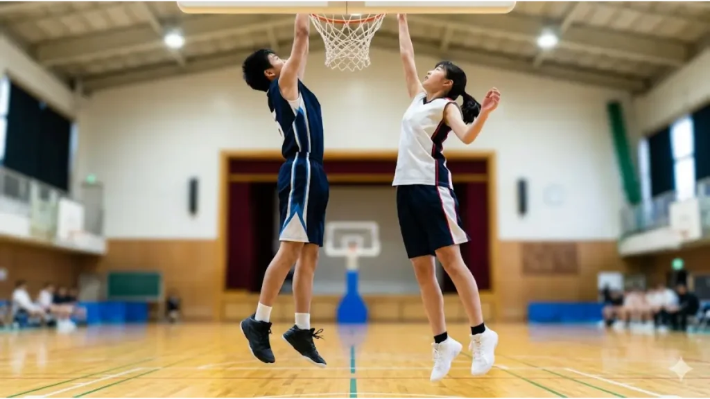 バスケ部の練習風景：中学生と高校生のアジア人選手が垂直跳びの計測に挑む。身長差とジャンプ力の関係を表す画像。