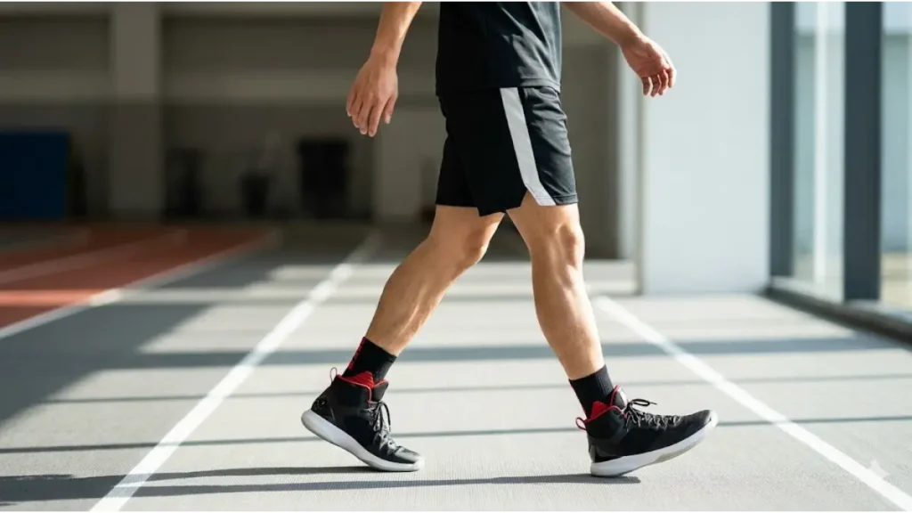 室内ウォーキングコースで、インソールを着用し、姿勢と歩幅を修正して足を長く見せるウォーキングをする日本人男性。股関節の可動域と直線のラインが強調された実写画像。