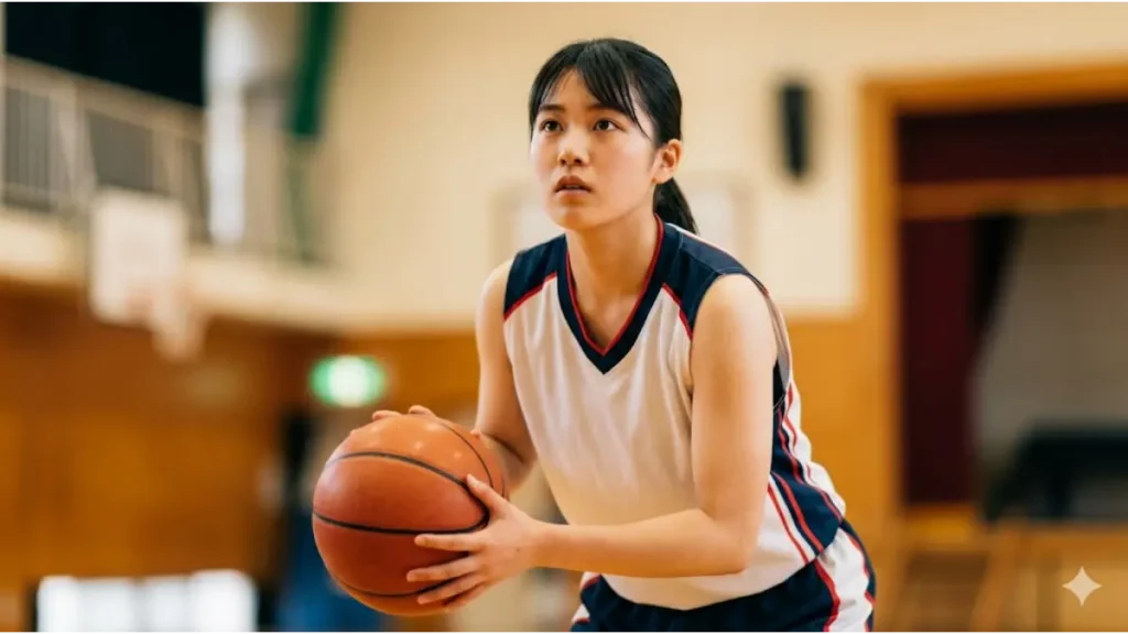 女子バスケ選手がシュート前にボールを下げるディップ動作