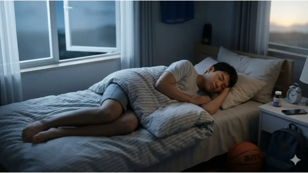 バスケ部合宿の夜、深く眠り体力を回復させている日本人男子中学生選手の16:9画像。枕元には目覚まし時計と栄養補助食品が置かれている。