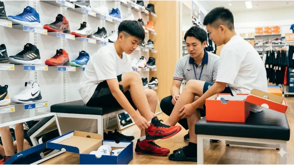 スポーツ用品店で、アジア人の男子中学生がバッシュを試着し、店員からアドバイスを受けている様子。